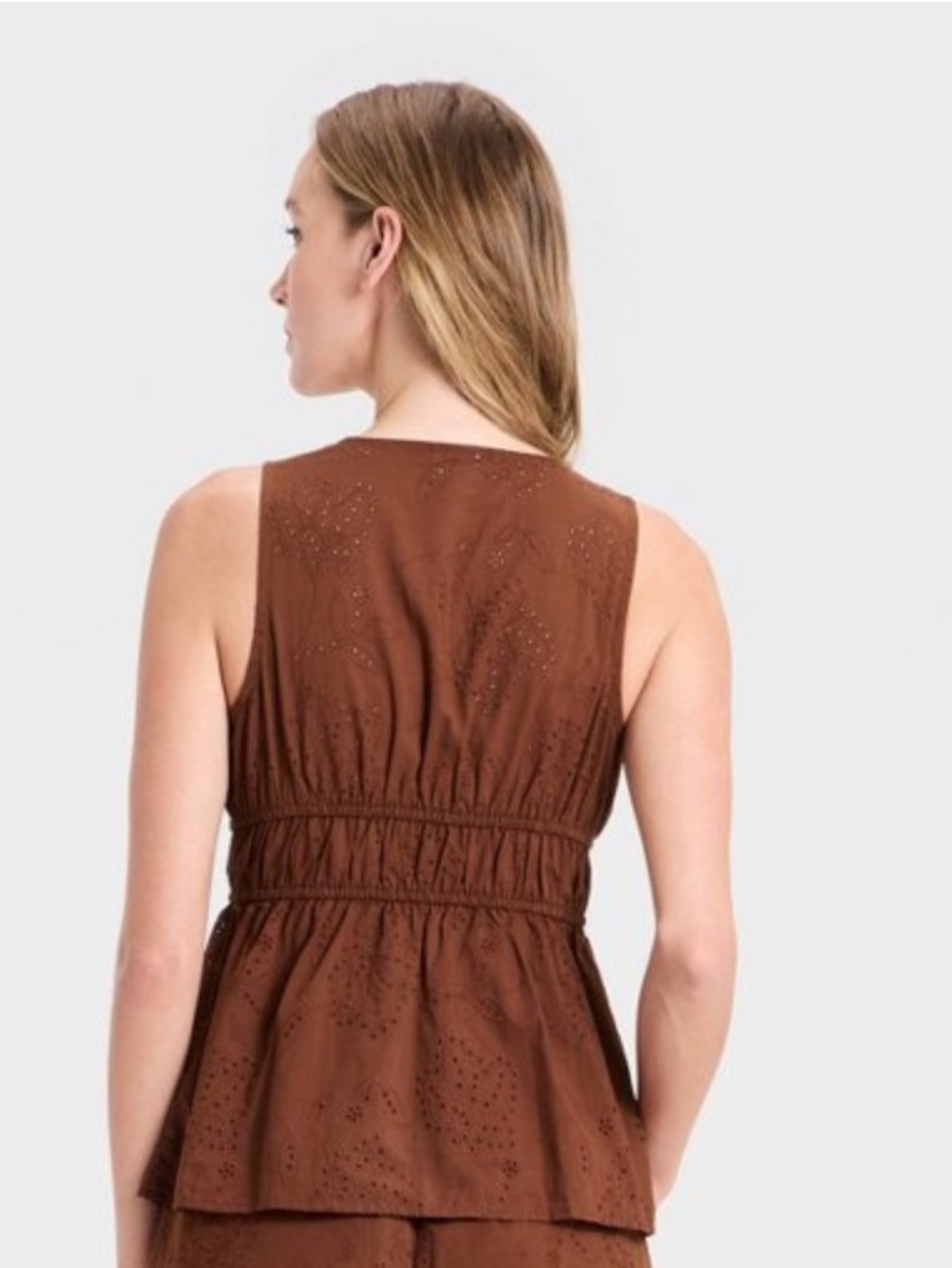 Women’s Tie Front Peplum Tank Top. Brown. XL - Picture 2 of 4
